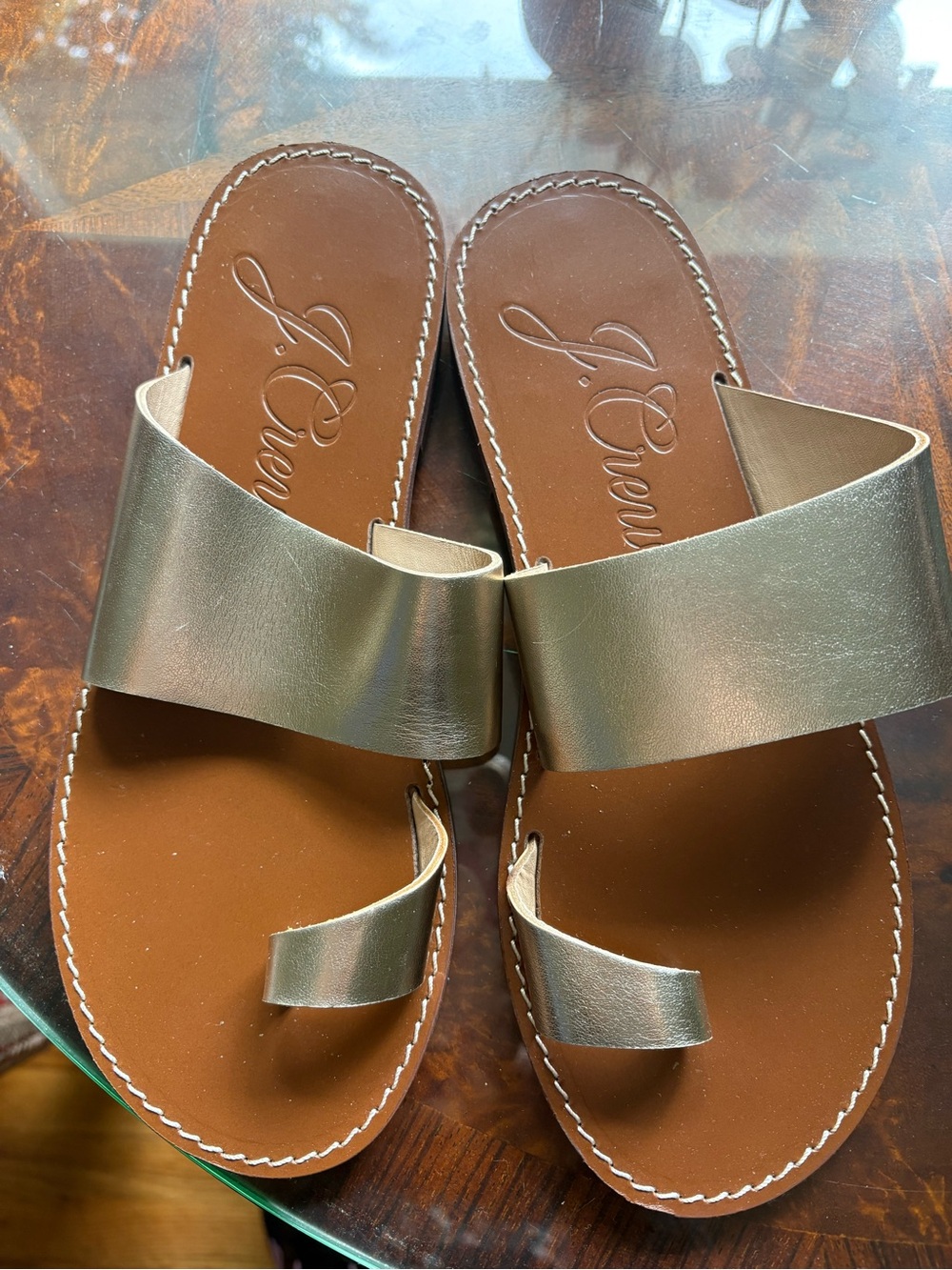 J. Crew Metallic Gold Leather Toe-Loop Slide Sandals NEVER WORN
